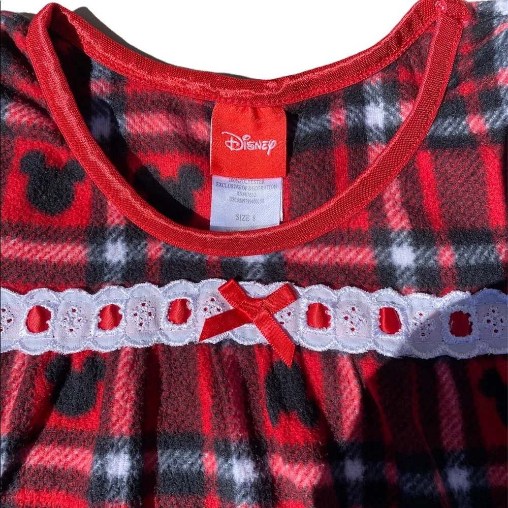 Disney Nightgown Lace Trim Bow Nightshirt Mickey Mouse Buffalo Plaid Tartan Red